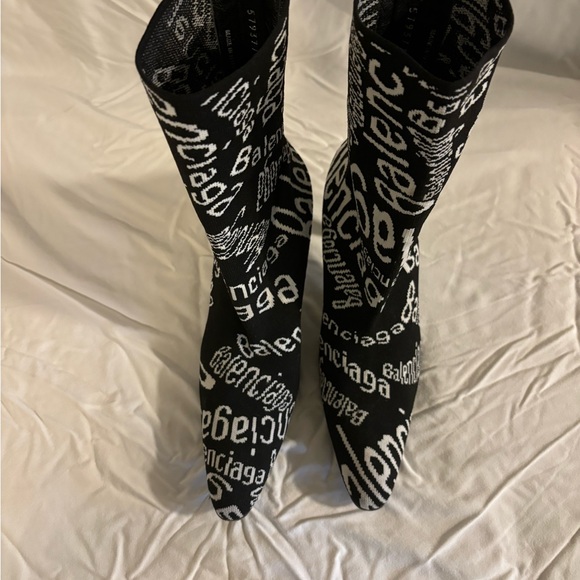 Black Balenciaga Sock Boots with Brand Name in White - Picture 7 of 7